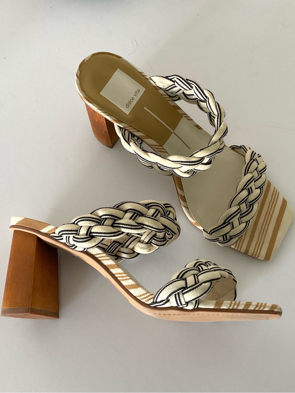 DOLCE VITA Paily Black & Off White Braided Strap Heeled Sandals Size 8